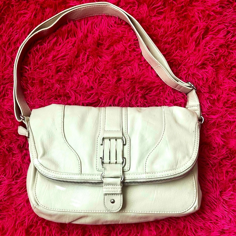 Jessica Simpson Cream Leather Shoulder Bag with Buckle Closure